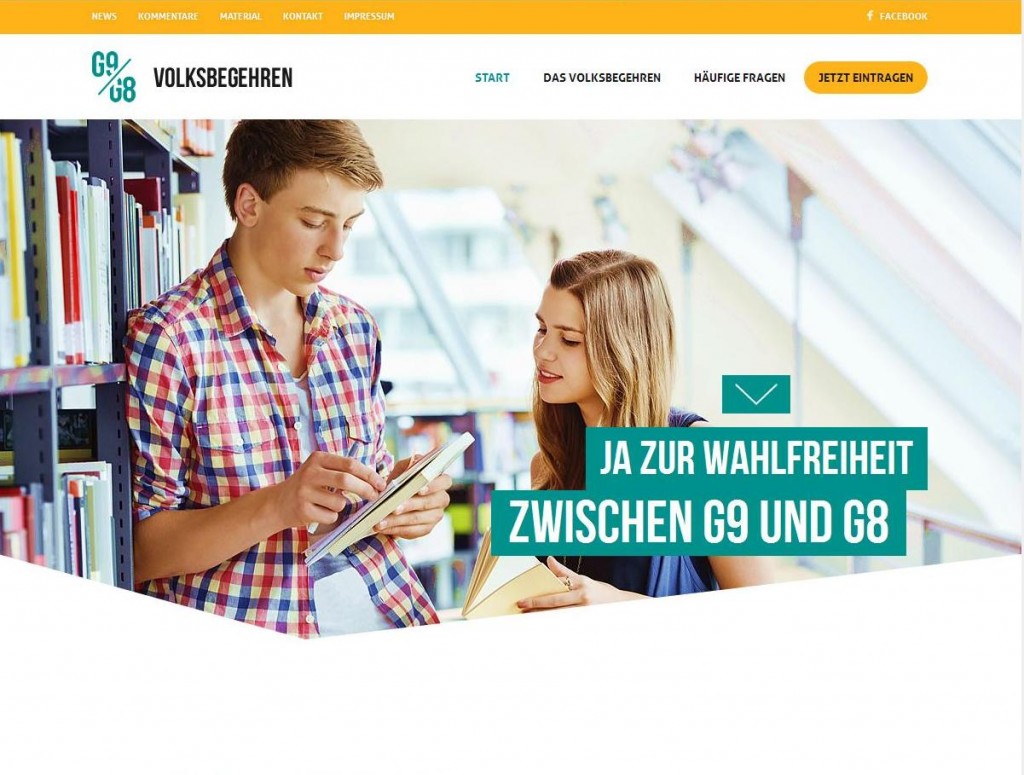Screenshot der Seite www.volksbegehren-g9.de auf der man sich über das Volksbegehren mit allen Details informieren kann. hier ist es auch möglich selbst Unterschriftenlisten herunterzuladen.